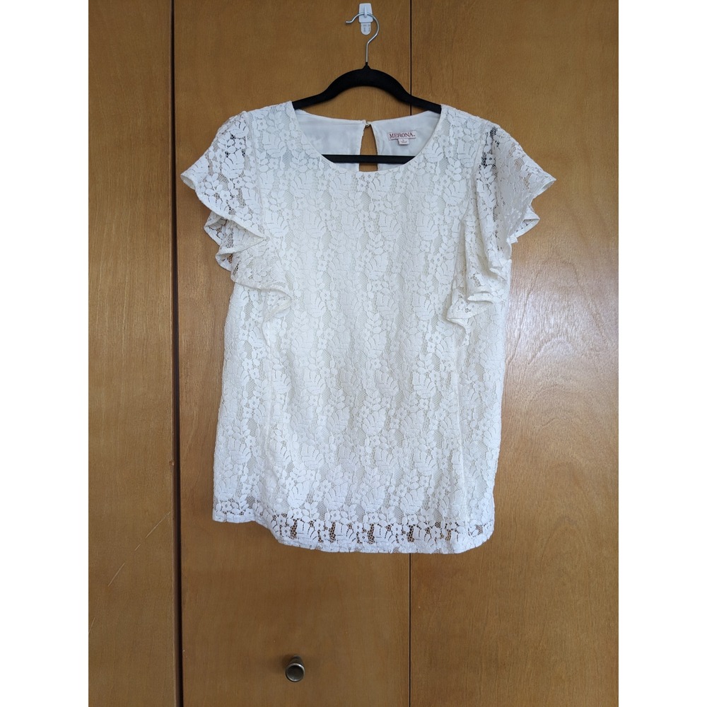 Merona Womens White Floral Lace Ruffle Flutter Sleeve Blouse Top Large L